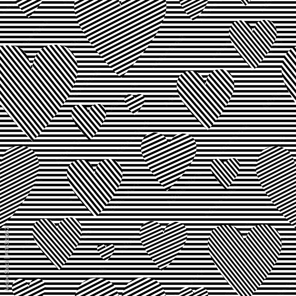 Black and white simple striped hearts geometric seamless pattern, valentine's day illustration, vector Black and white simple striped hearts geometric seamless pattern, valentine's day illustration, vector