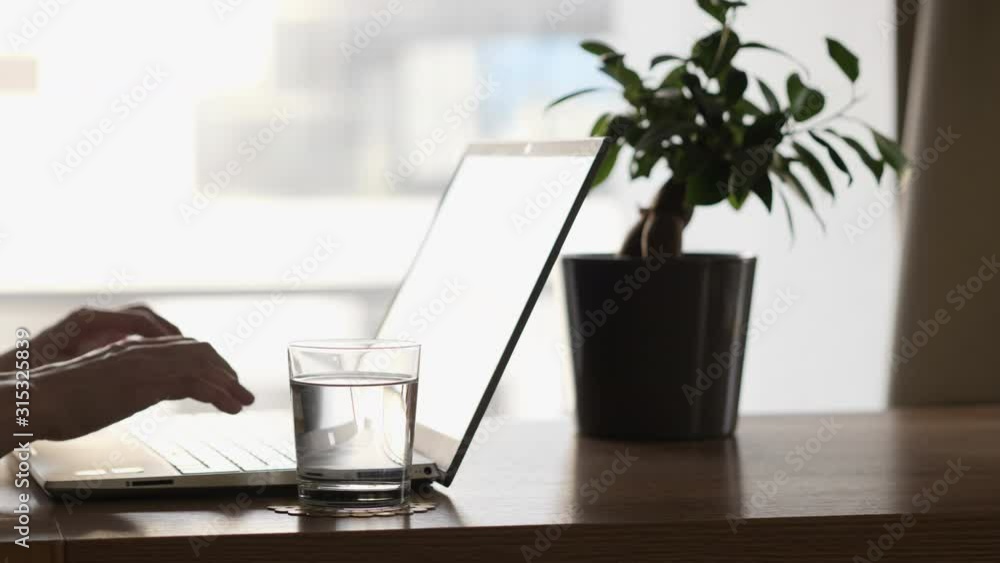 Woman Blogger Freelancer Working on Laptop at Home Office. Close Up Female Hands Using Touchpad. Woman working with laptop on Desktop Next to Window. Businesswoman Scrolling News Feed Online at Work.