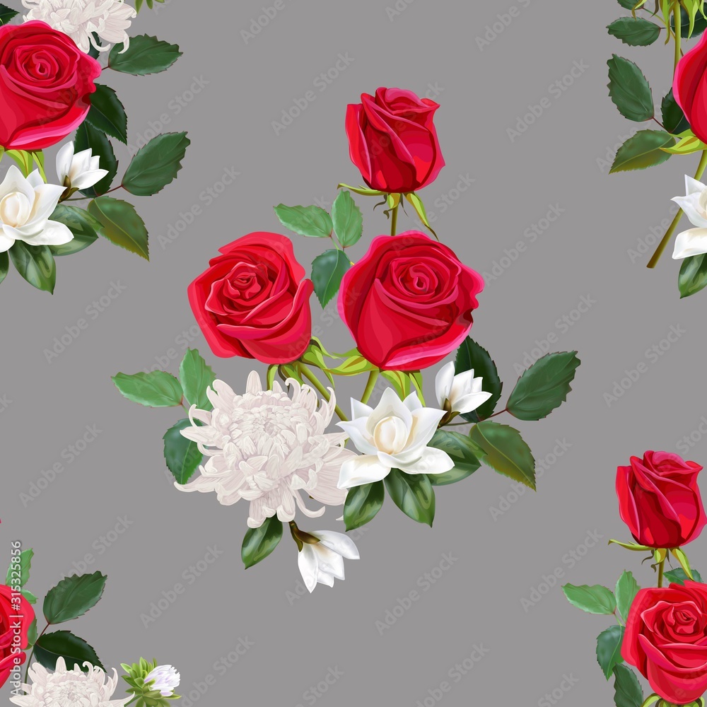 Flower beautiful bouquet with red roses ,chrysanthemum and magnolia seamless pattern vector illlustration Flower beautiful bouquet with red roses ,chrysanthemum and magnolia seamless pattern vector illlustration