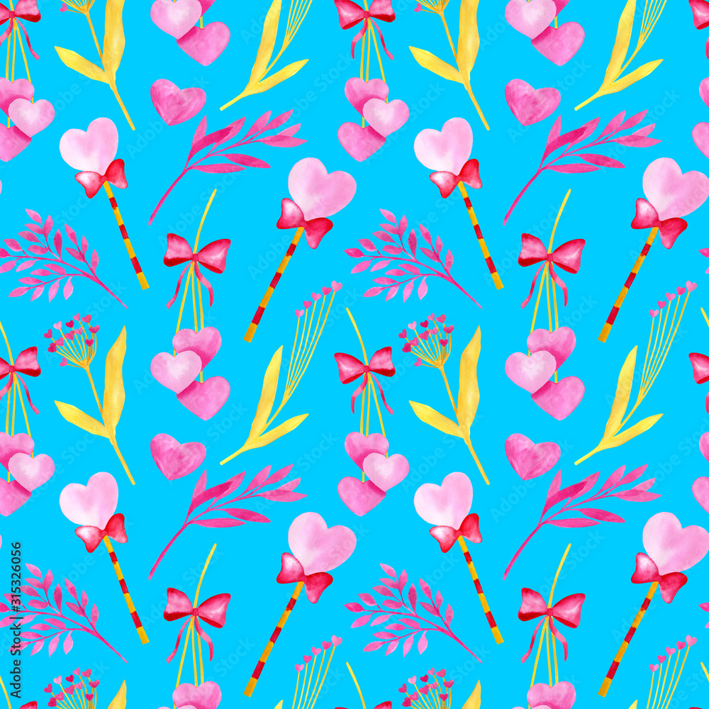 Watercolor Saint Valentines Day seamless pattern. Hand drawn fairy wand with red bow, golden leaves, plants, flowers and pink hearts isolated on blue. Cute bacldrop for cards, decoration, wrapping