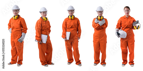Collection set of Full body portrait of a woman worker in Mechanic Jumpsuit is holding clipboard, pen and checklist isolated on white background