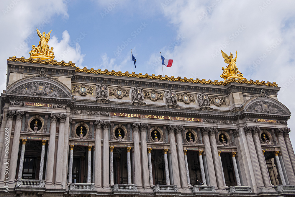 Architectural details of Opera National de Paris. Grand Opera (Garnier Palace) is famous neo-baroque building in Paris, France.