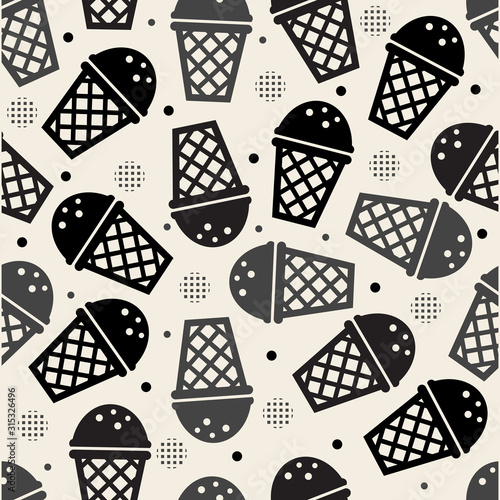 seamless monochrome ice cream with waffle cone pattern background