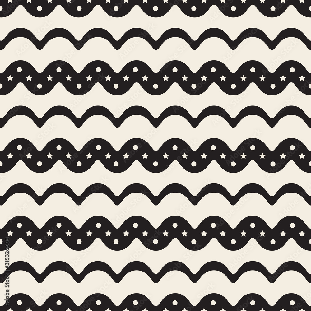 seamless monochrome wave pattern background with dot and star