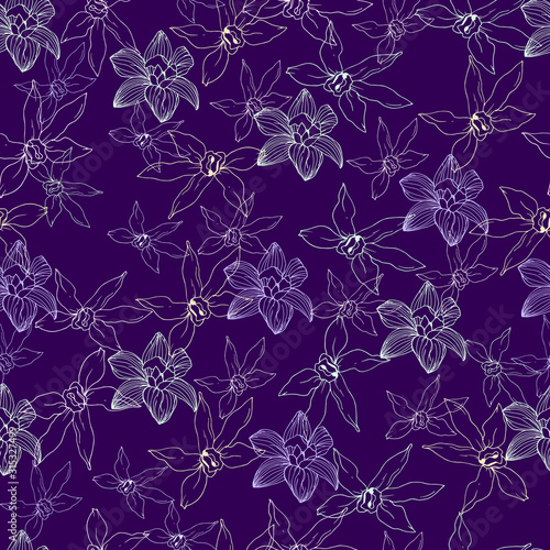 Seamless textile pattern from contour flowers on a purple background. Vector hand-drawn tropical flowers illustration for fabric, tile, paper
