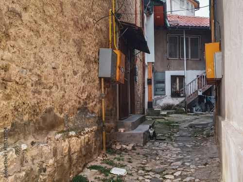 Old small alley street leading to some houses with a cat sitting on the path with traditional and old look around of walls and ground