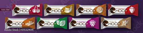 Chocolate bar vector packaging design. Fruit and spicy chocolate set.