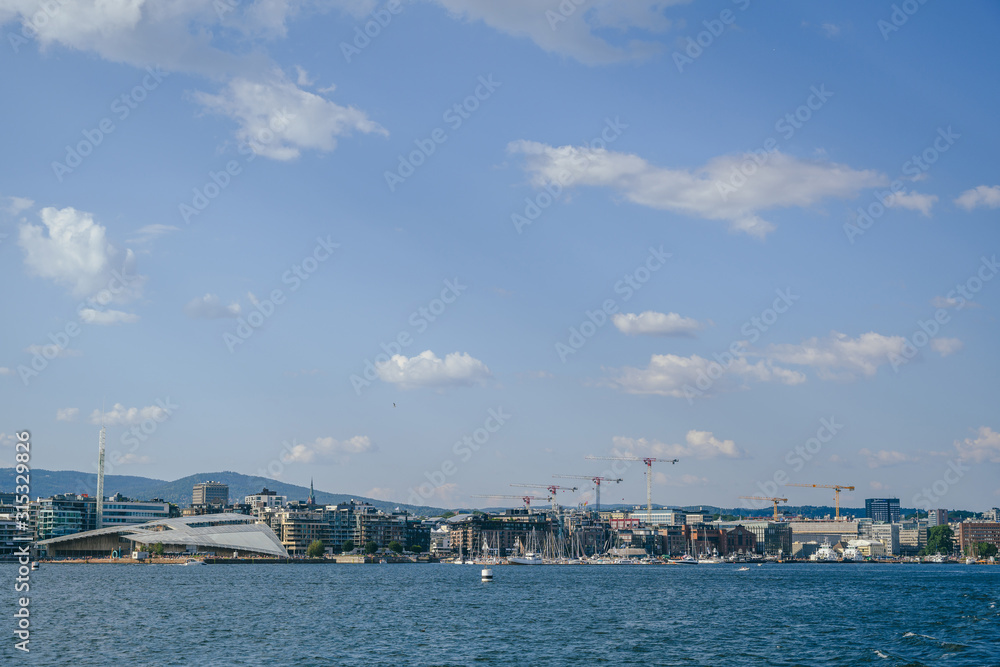 Oslo city skyline from ferry boat, Norway