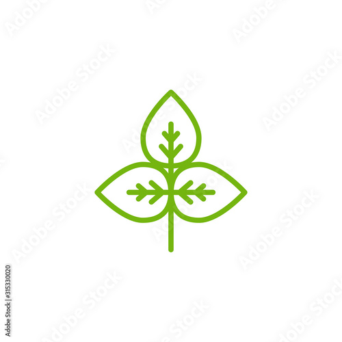 Sprig with three green leaves. silhouette leaf. Icon Isolated on white.