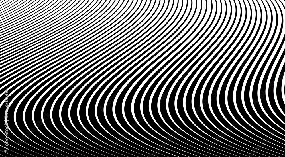 Halftone background with stripped black and white lines. Optical illusion art vector design.