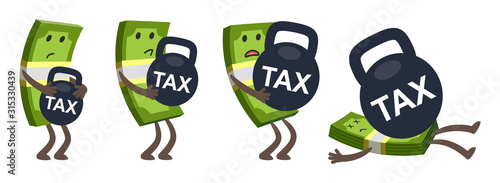 Sad money characters, bent from the weight, keeping a huge weight with the tax. Taxes burden concept.