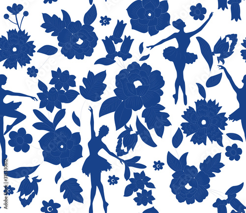 blue flower and ballerina vector pattern