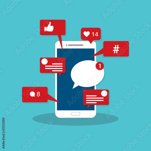 Viral content, social activity and smm - likes, shares and comments popping up on the mobile screen. Vector illustration. 