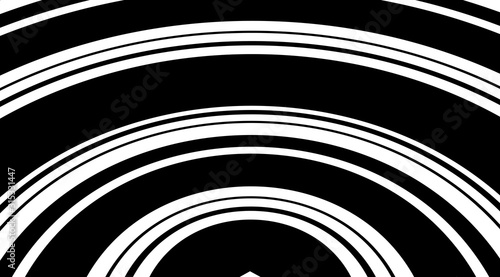 Monochrome circle arc linear pattern design. Motion stripes optical illusion background.
