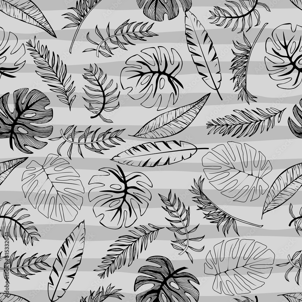 Tropical palm trees and banana leaves. Abstract background seamless pattern. Black and white on strips phon.