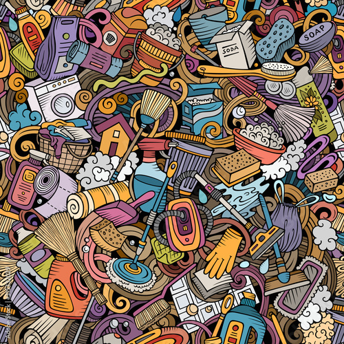 Cartoon cute doodles hand drawn Cleaning seamless pattern