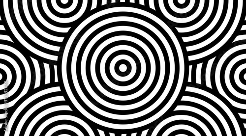 Trendy circular black and white pattern background vector design. Optical illusion spins backdrop.