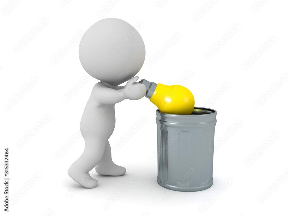 3D Character throws lightbulb idea into the trash 3D Character throws lightbulb idea into the trash