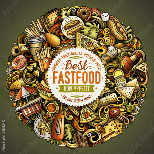 Fastfood hand drawn vector doodles round illustration. Fast food poster design