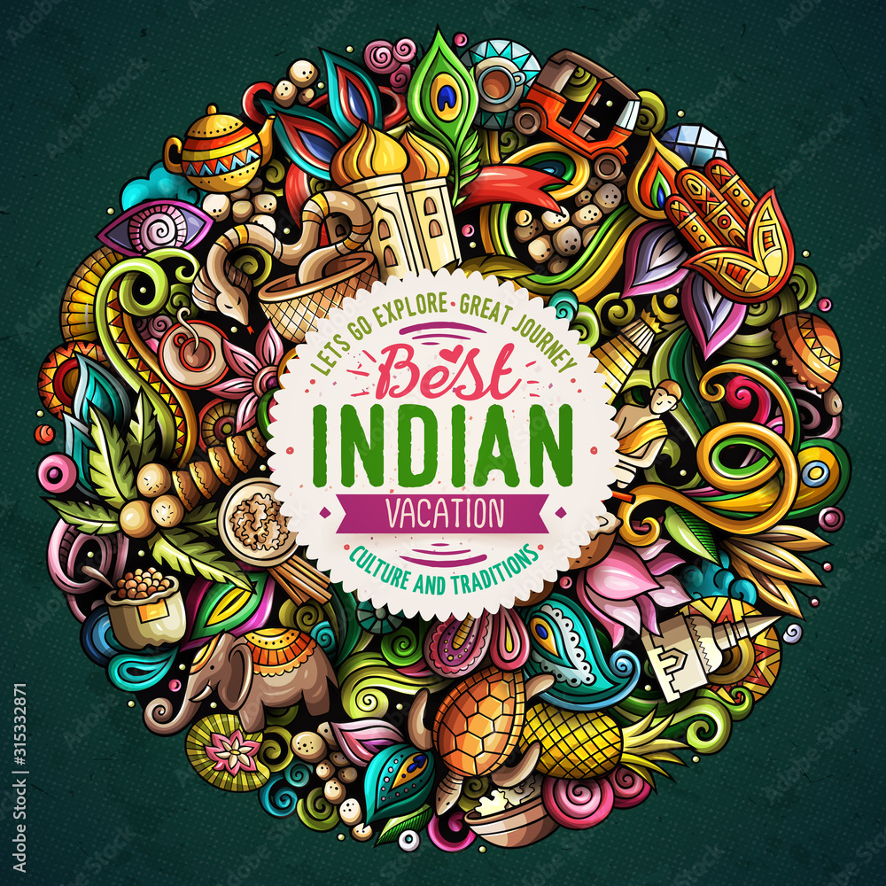 India hand drawn vector doodles round illustration. Indian poster design.