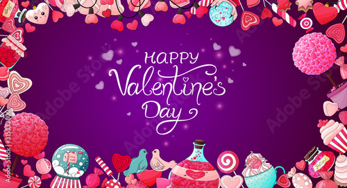 Valentine's day background.Set of valentines day objects. Hand drawn romantic icons set on violet backdrop.Pink heart shape sweets desserts, candy, potion, jar, bird, lights. 