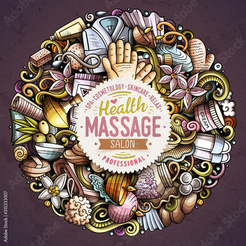 Massage hand drawn vector doodles round illustration. Spa salon poster design