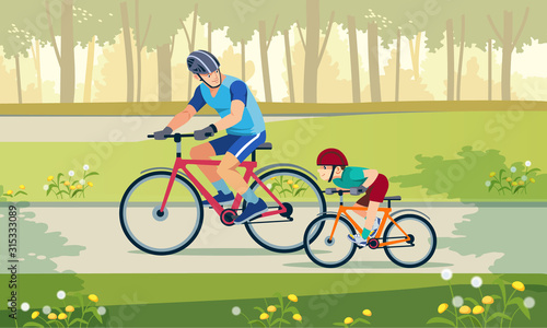 Cycling. Active holidays. Father and son are riding bikes in the park. Happy family is riding bikes outdoors and smiling. Vector illustration.