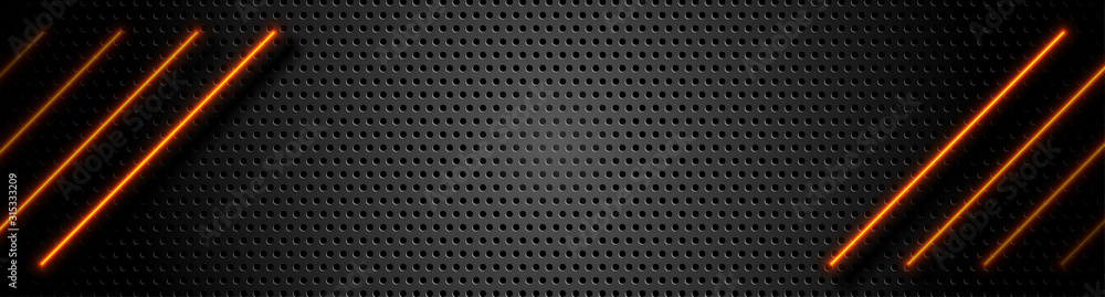 Futuristic perforated technology abstract background with orange neon glowing lines. Vector banner design Futuristic perforated technology abstract background with orange neon glowing lines. Vector banner design