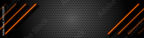 Futuristic perforated technology abstract background with orange neon glowing lines. Vector banner design