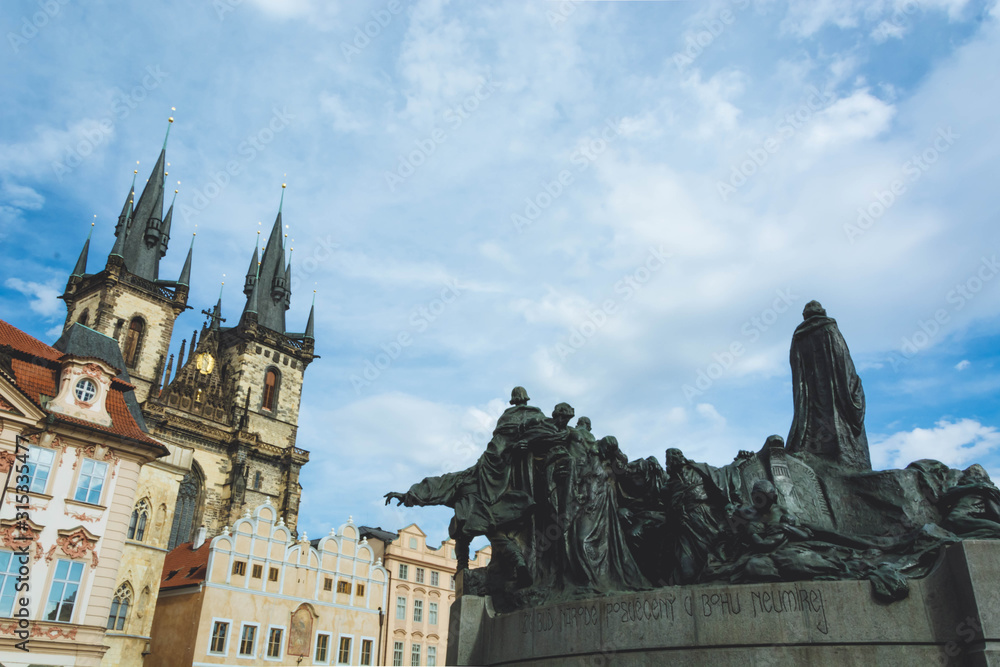 The Church of Our Lady before Týn  and Jan Hus Memorial on Old Town square. Travel to Prague, Czech Republic.