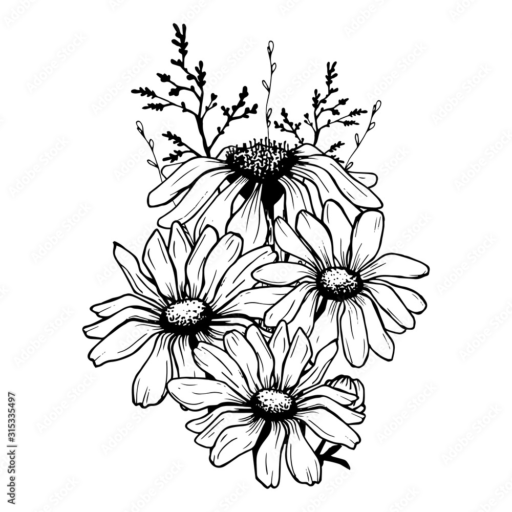 Obraz premium Beautiful monochrome black and white bouquet isolated on background. Hand-drawn flowers. Design greeting card and invitation of holiday. Line art vector illustration.