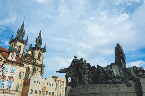 The Church of Our Lady before T  n  and Jan Hus Memorial on Old Town square. Travel to Prague  Czech Republic.