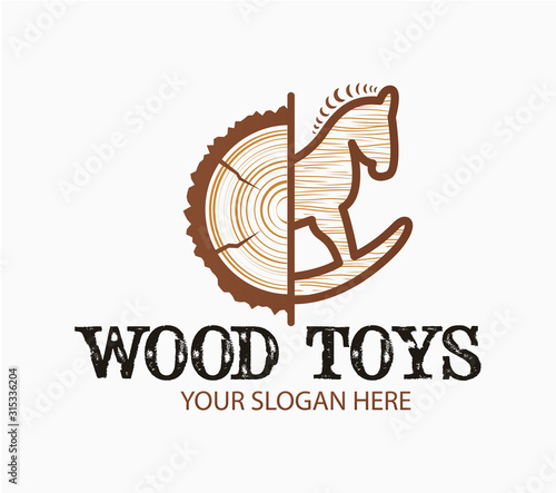 Abstract creative concept wood toys logo with wooden texture. From log to toy idea. Design for print, emblem, t-shirt, party decoration, sticker, logotype