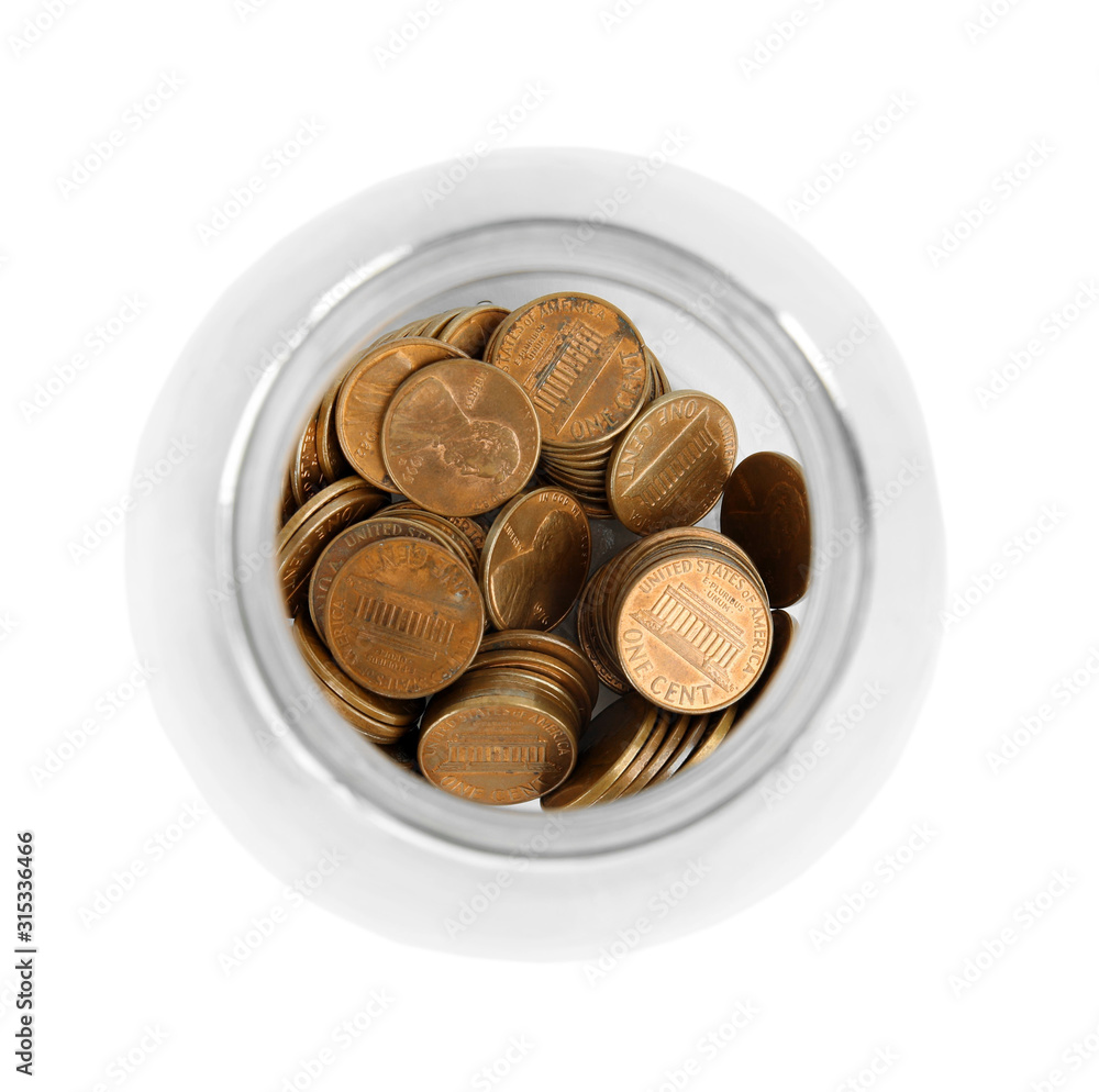 Glass jar with coins isolated on white, top view Glass jar with coins isolated on white, top view