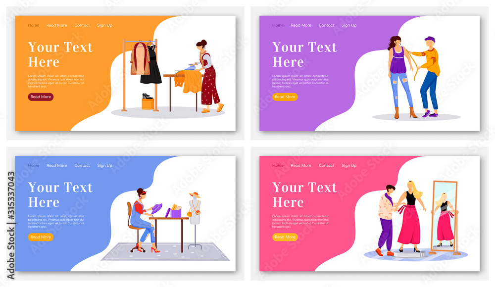 Fashion designer landing page flat color vector template set. Taking measurements homepage layout. Design and sew clothes one page website interface with cartoon illustration. Atelier banner, webpage
