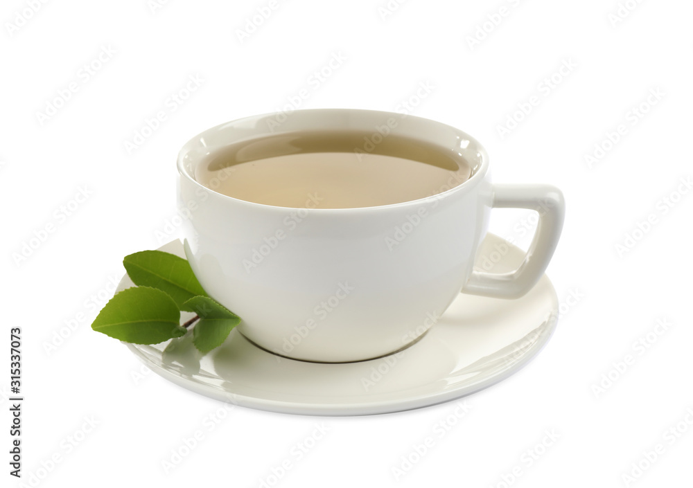 Cup of green tea and leaves isolated on white Cup of green tea and leaves isolated on white