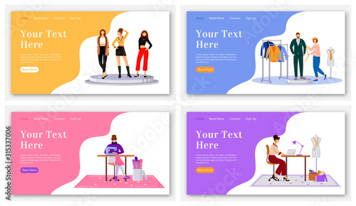 Fashion designer landing page flat color vector template set. Creating clothes homepage layout. Design runway outfits one page website interface with cartoon illustration. Atelier banner, webpage