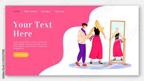 Fashion designers landing page flat color vector template. Model trying on outfit homepage layout. Designing clothes one page website interface with cartoon illustration. Atelier web banner, webpage