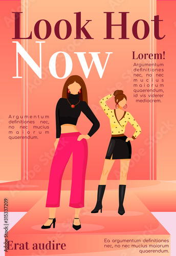 Fashion news magazine cover template. Runway models outfits. Trendy clothes. Journal mockup design. Vector page layout with flat character. Style guide advertising cartoon illustration with text space