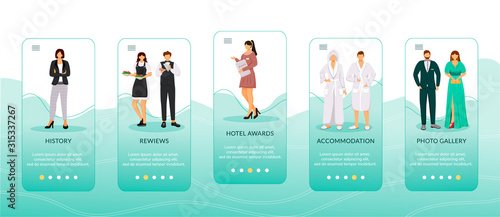 Booking onboarding mobile app screen vector template. Walkthrough travel website steps with flat characters. Hotel accomodation, service staff. UX, UI, GUI smartphone cartoon interface concept