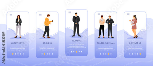Hotel accomodation onboarding mobile app screen vector template. Walkthrough website steps with flat characters. Conference hall, parking, booking. UX, UI, GUI smartphone cartoon interface concept