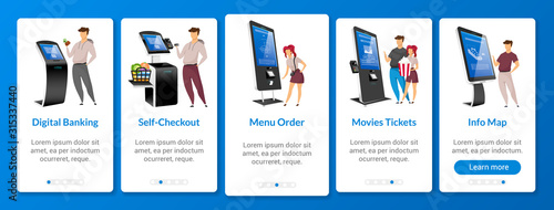 Digital banking onboarding mobile app screen flat vector template. Self order kiosk walkthrough website steps with characters. Online paying system UX, UI, GUI smartphone cartoon interface