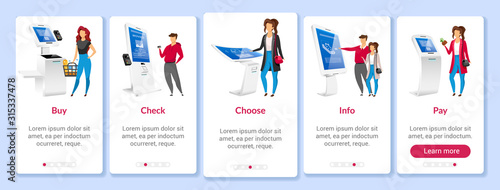 Online paying onboarding mobile app screen flat vector template. Self order kiosk walkthrough website steps with characters. E shopping software UX, UI, GUI smartphone cartoon interface