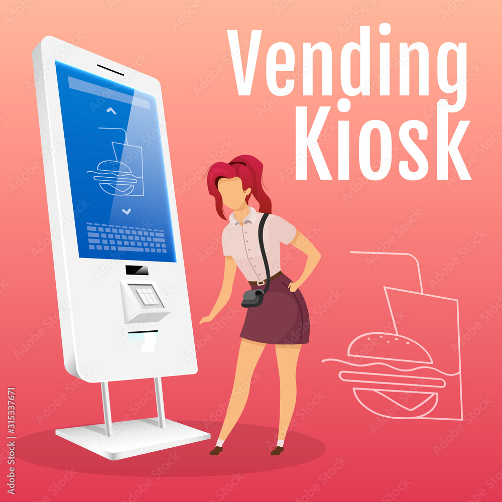 Picture of Vending kiosk social media post mockup. Woman ordering food. Self order ...