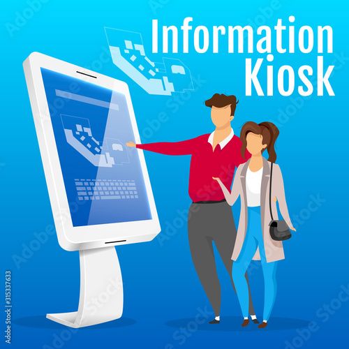 Information kiosk social media post mockup. Self service construction web banner design template. Tourists near electronic map booster, content layout with inscription. Print ads and flat illustration