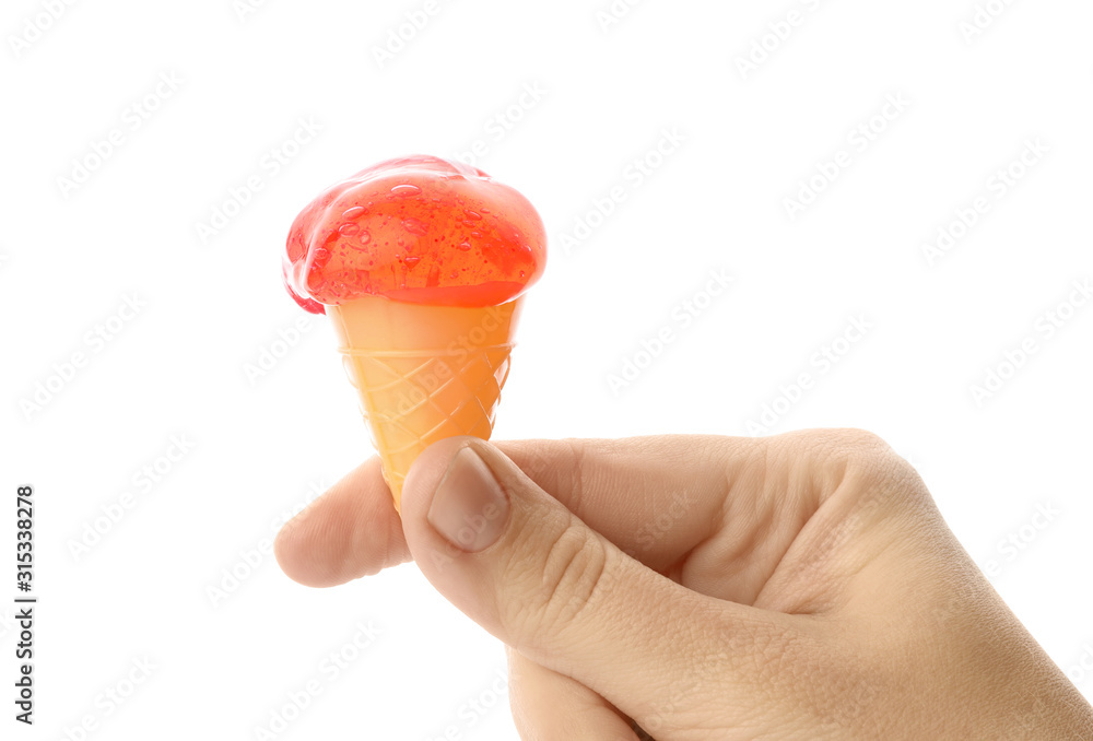 Woman holding slime in shape of ice cream isolated on white, closeup. Antistress toy Woman holding slime in shape of ice cream isolated on white, closeup. Antistress toy