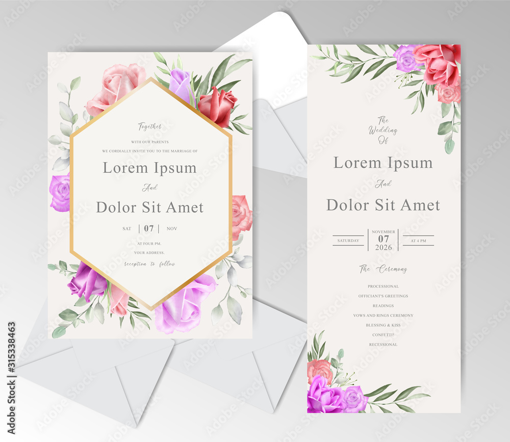 Romantic Wedding Stationary with  Beautiful  Watercolor Roses