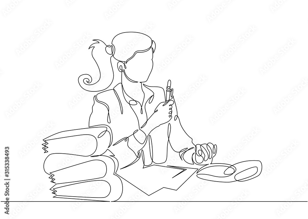 Continuous single drawn one line bookkeeper accountant works with documents