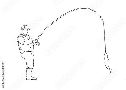 Continuous single drawn one line fisherman in a boat and pier on a fishing trip