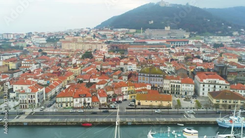 Aerial view of Portuguese city Viana do Castelo and open sea